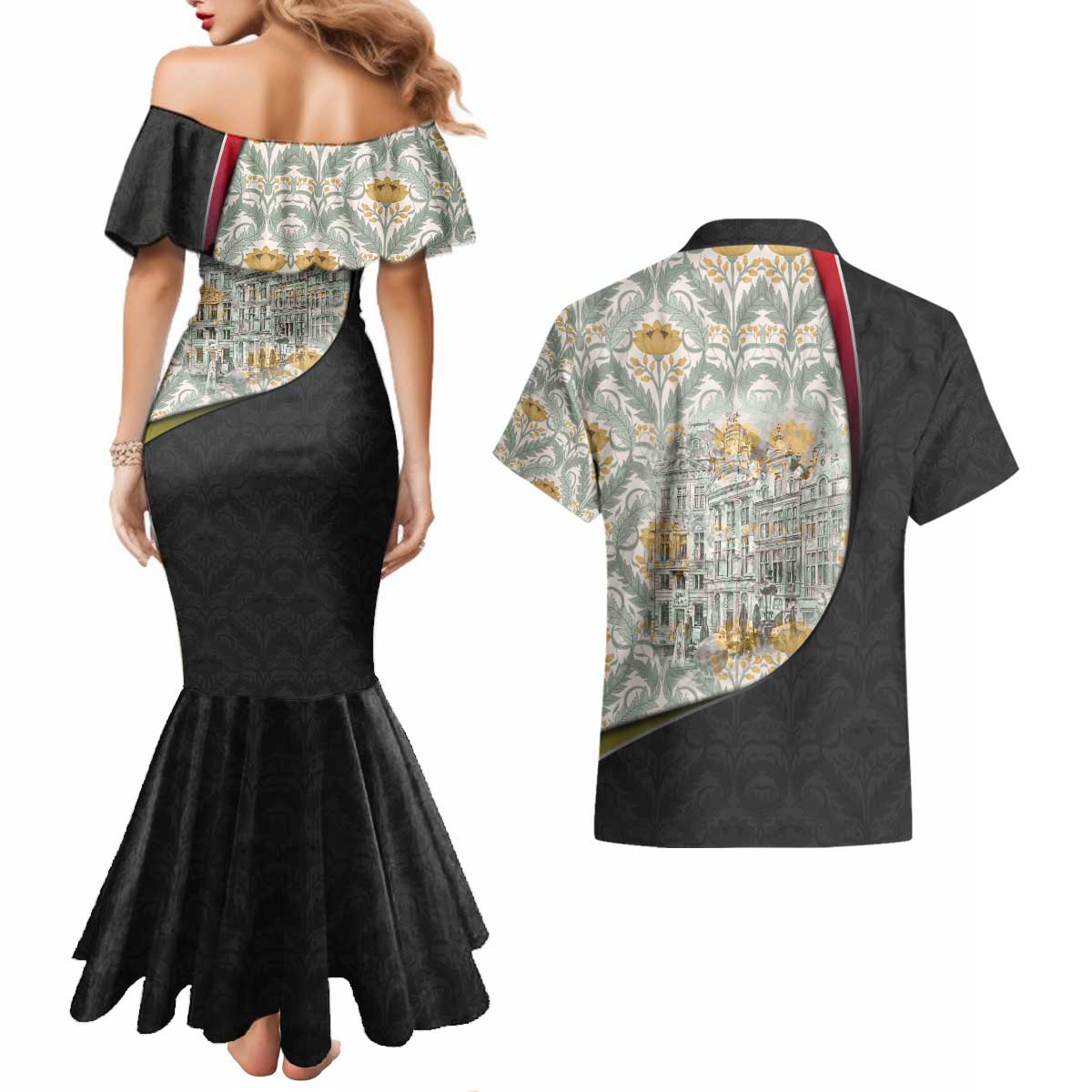 Belgium Couples Matching Mermaid Dress and Hawaiian Shirt with Grand Place Brussels Art Nouveau Floral Spirit