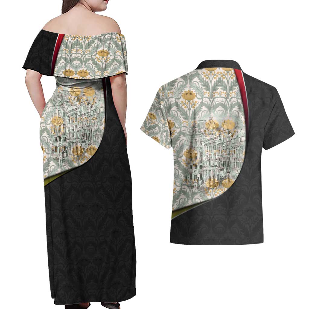 Belgium Couples Matching Off Shoulder Maxi Dress and Hawaiian Shirt with Grand Place Brussels Art Nouveau Floral Spirit