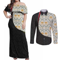 Belgium Couples Matching Off Shoulder Maxi Dress and Long Sleeve Button Shirt with Grand Place Brussels Art Nouveau Floral Spirit