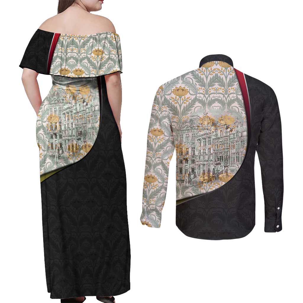 Belgium Couples Matching Off Shoulder Maxi Dress and Long Sleeve Button Shirt with Grand Place Brussels Art Nouveau Floral Spirit