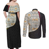 Belgium Couples Matching Off Shoulder Maxi Dress and Long Sleeve Button Shirt with Grand Place Brussels Art Nouveau Floral Spirit