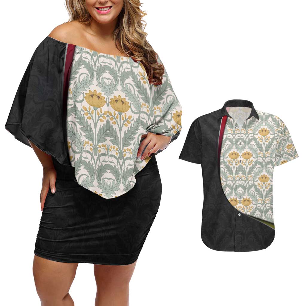 Belgium Couples Matching Off Shoulder Short Dress and Hawaiian Shirt with Grand Place Brussels Art Nouveau Floral Spirit