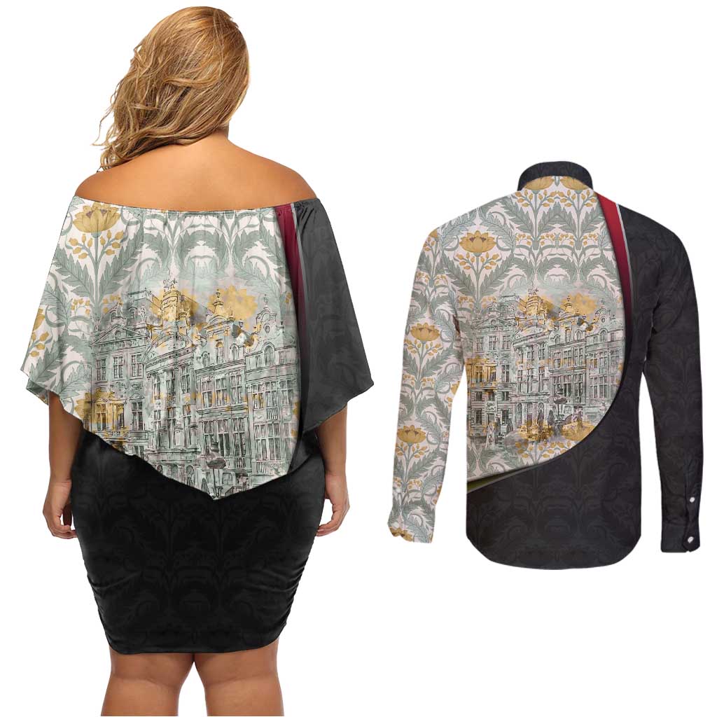 Belgium Couples Matching Off Shoulder Short Dress and Long Sleeve Button Shirt with Grand Place Brussels Art Nouveau Floral Spirit