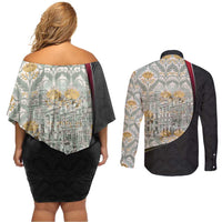 Belgium Couples Matching Off Shoulder Short Dress and Long Sleeve Button Shirt with Grand Place Brussels Art Nouveau Floral Spirit