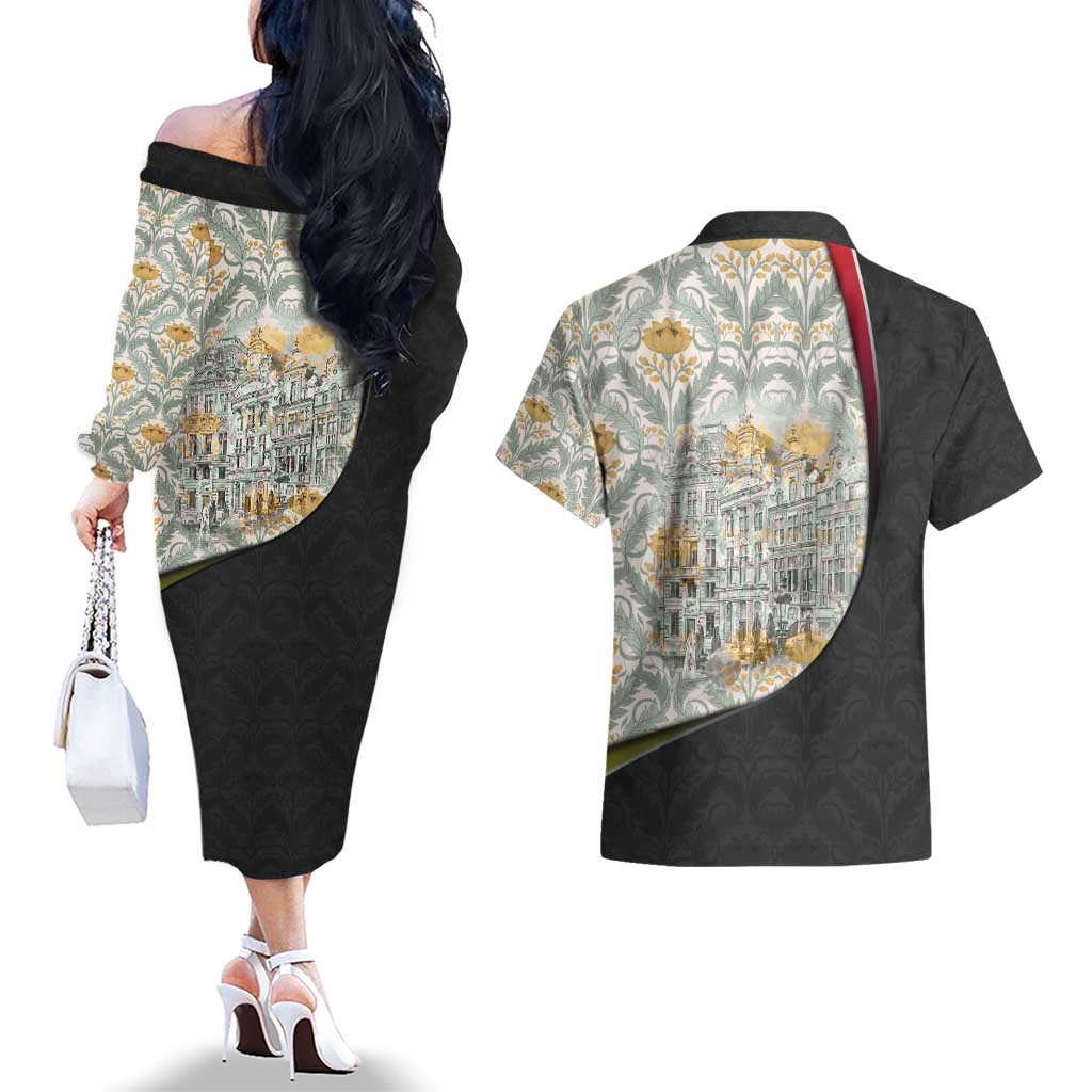 Belgium Couples Matching Off The Shoulder Long Sleeve Dress and Hawaiian Shirt with Grand Place Brussels Art Nouveau Floral Spirit