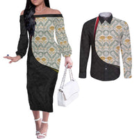 Belgium Couples Matching Off The Shoulder Long Sleeve Dress and Long Sleeve Button Shirt with Grand Place Brussels Art Nouveau Floral Spirit