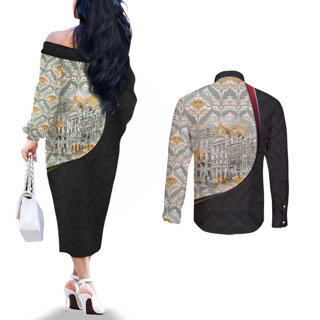 Belgium Couples Matching Off The Shoulder Long Sleeve Dress and Long Sleeve Button Shirt with Grand Place Brussels Art Nouveau Floral Spirit