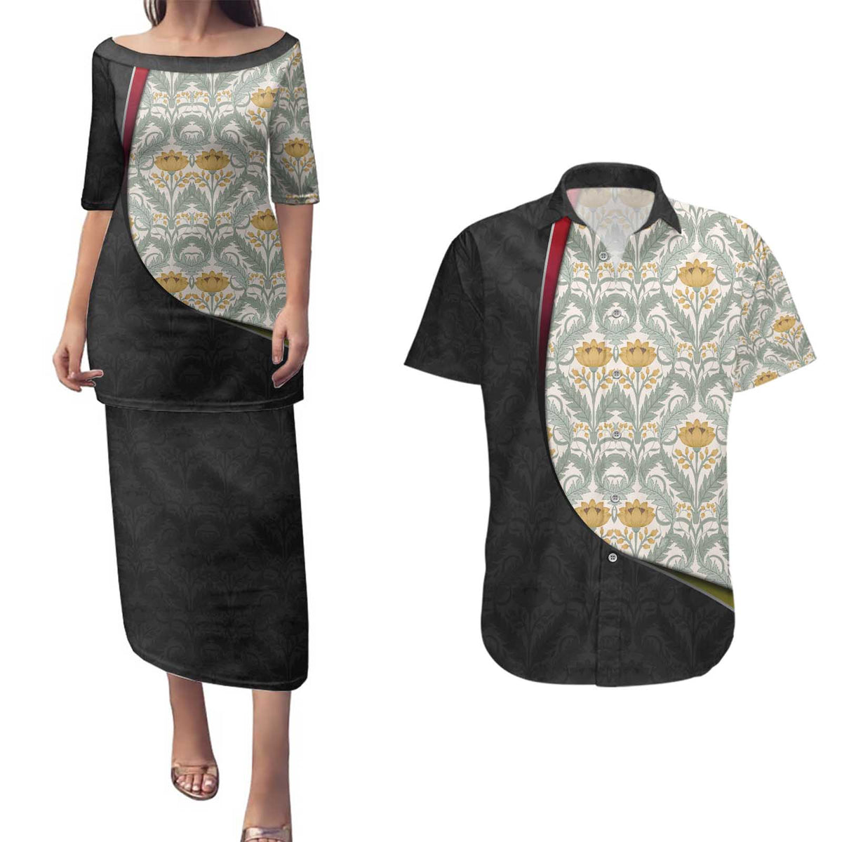 Belgium Couples Matching Puletasi and Hawaiian Shirt with Grand Place Brussels Art Nouveau Floral Spirit