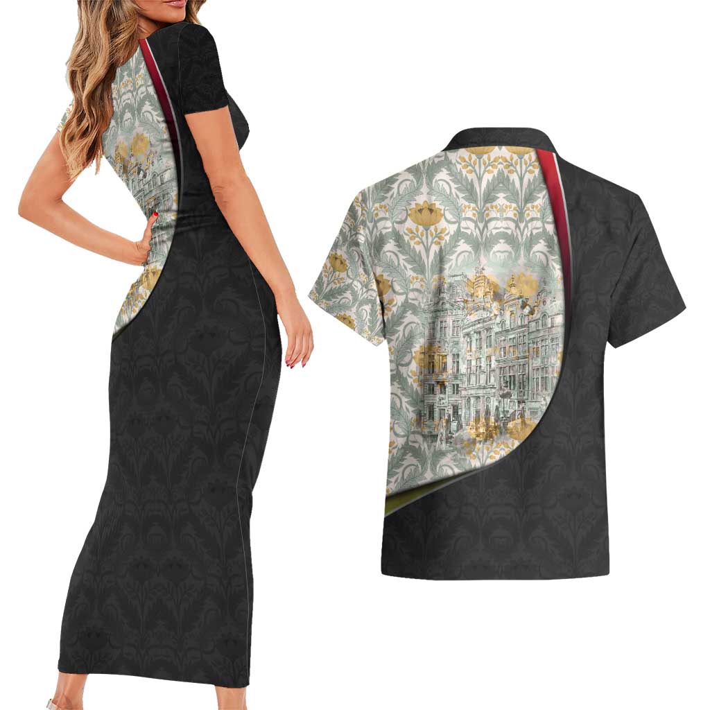 Belgium Couples Matching Short Sleeve Bodycon Dress and Hawaiian Shirt with Grand Place Brussels Art Nouveau Floral Spirit