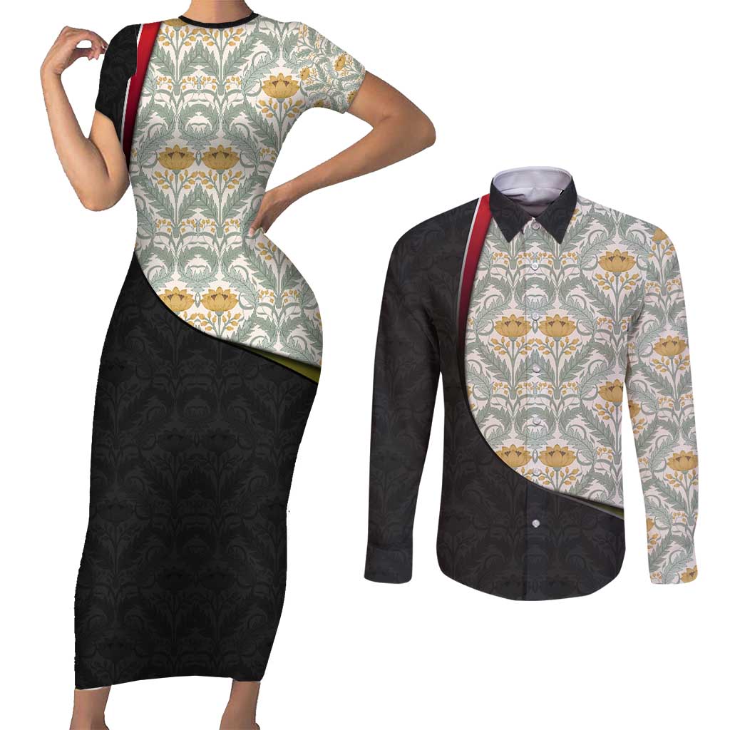 Belgium Couples Matching Short Sleeve Bodycon Dress and Long Sleeve Button Shirt with Grand Place Brussels Art Nouveau Floral Spirit