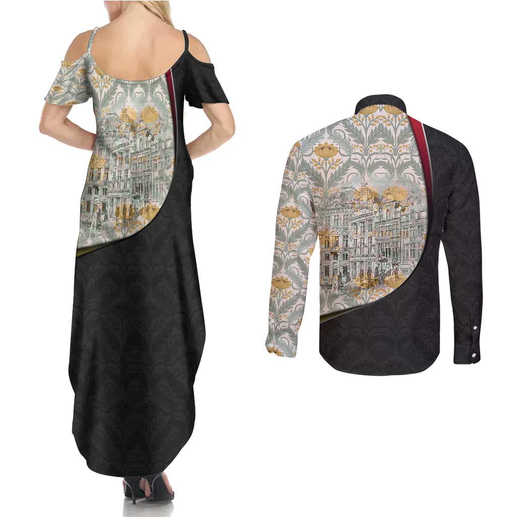 Belgium Couples Matching Summer Maxi Dress and Long Sleeve Button Shirt with Grand Place Brussels Art Nouveau Floral Spirit