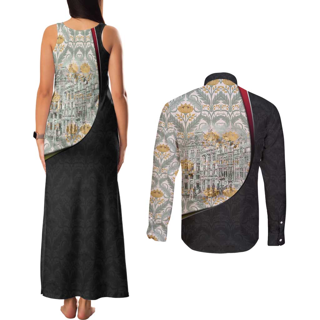 Belgium Couples Matching Tank Maxi Dress and Long Sleeve Button Shirt with Grand Place Brussels Art Nouveau Floral Spirit
