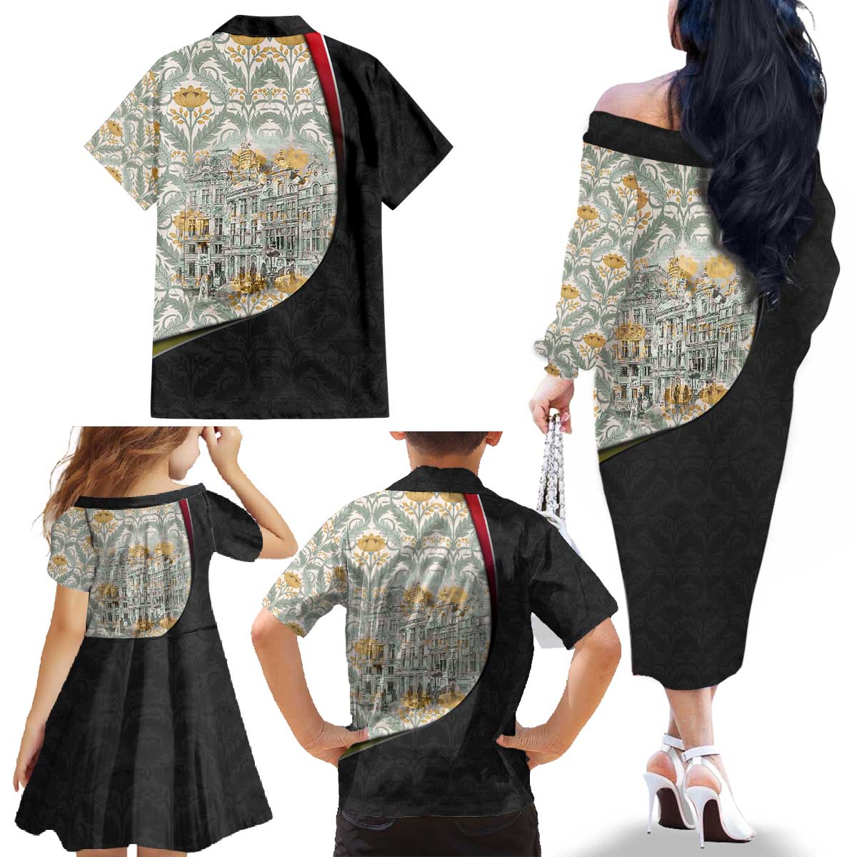 Belgium Family Matching Off The Shoulder Long Sleeve Dress and Hawaiian Shirt with Grand Place Brussels Art Nouveau Floral Spirit