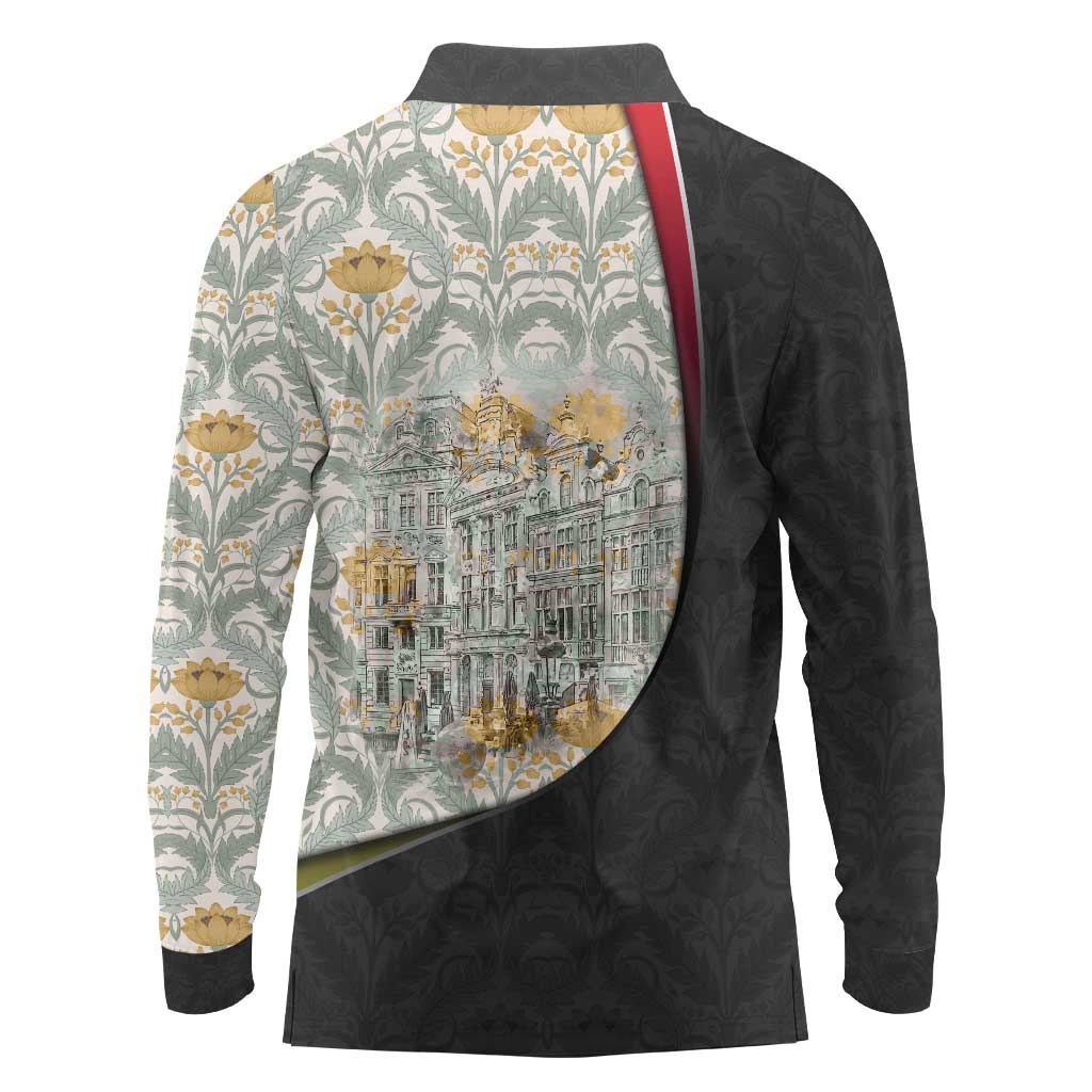 Belgium Long Sleeve Polo Shirt with Grand Place Brussels Art Nouveau Floral Spirit