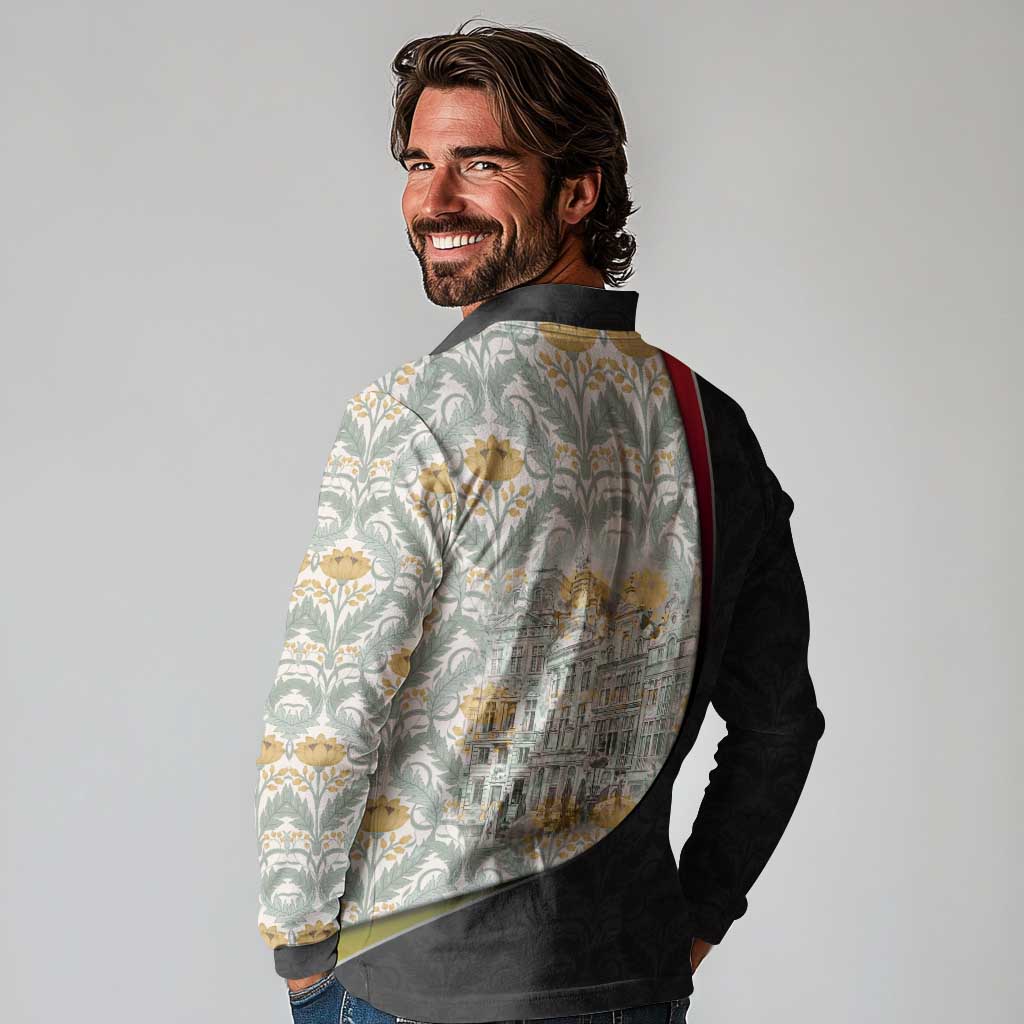 Belgium Long Sleeve Polo Shirt with Grand Place Brussels Art Nouveau Floral Spirit