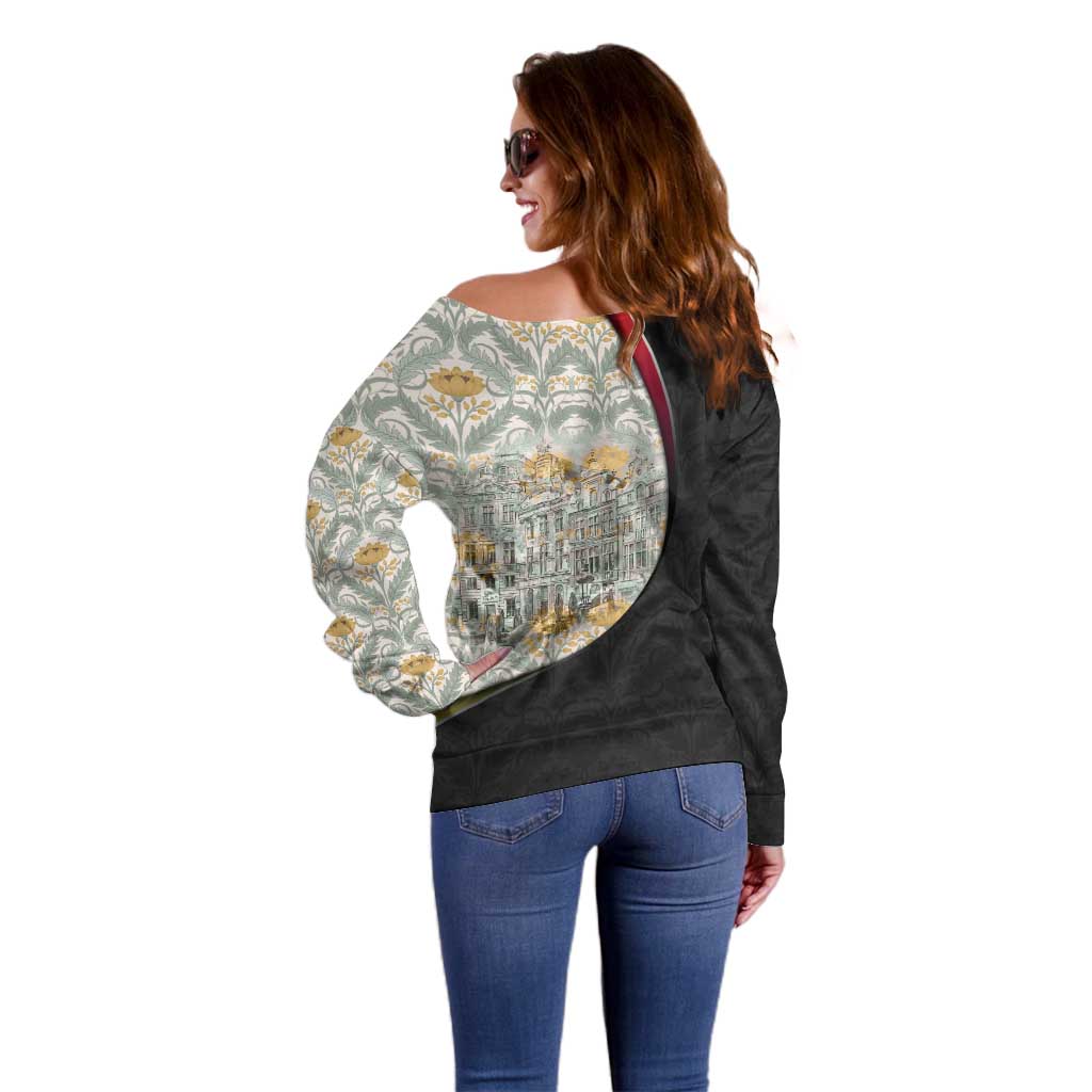 Belgium Off Shoulder Sweater with Grand Place Brussels Art Nouveau Floral Spirit