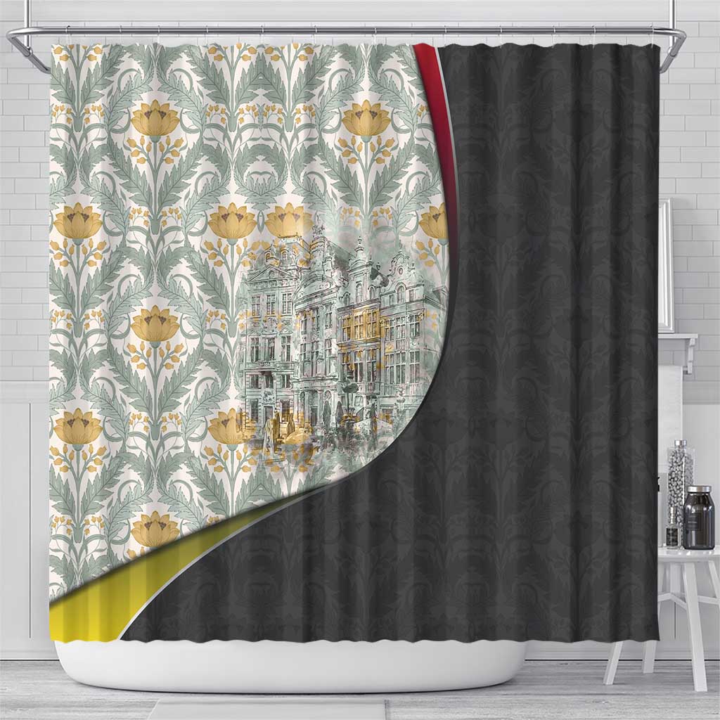 Belgium Shower Curtain with Grand Place Brussels Art Nouveau Floral Spirit