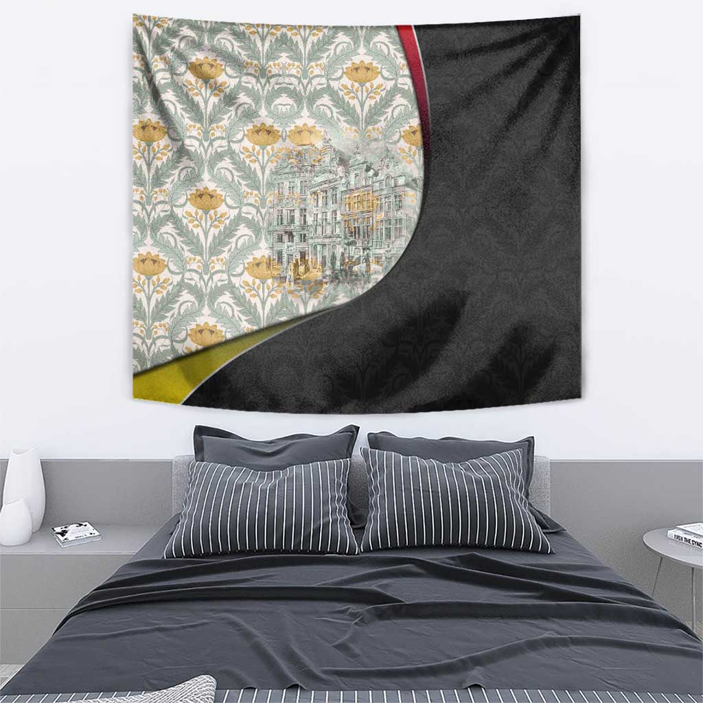 Belgium Tapestry with Grand Place Brussels Art Nouveau Floral Spirit