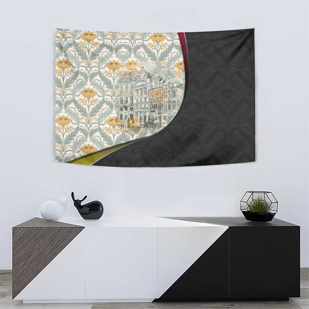 Belgium Tapestry with Grand Place Brussels Art Nouveau Floral Spirit