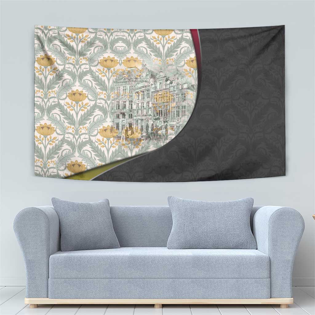 Belgium Tapestry with Grand Place Brussels Art Nouveau Floral Spirit