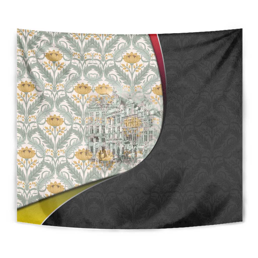 Belgium Tapestry with Grand Place Brussels Art Nouveau Floral Spirit