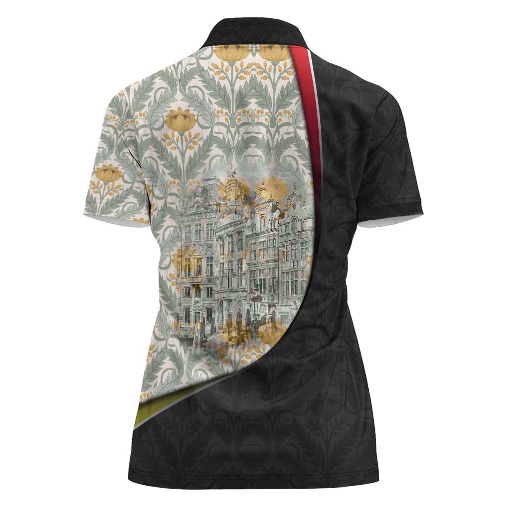 Belgium Women Polo Shirt with Grand Place Brussels Art Nouveau Floral Spirit
