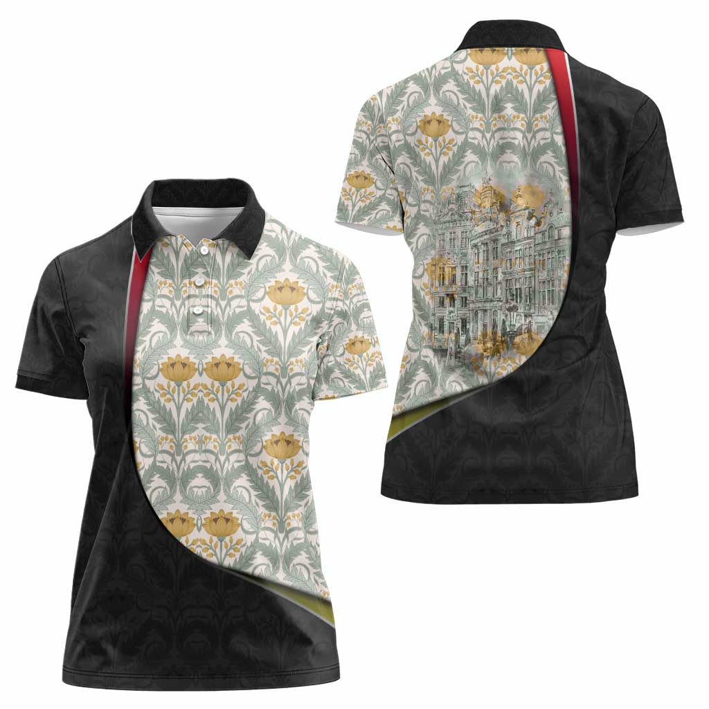 Belgium Women Polo Shirt with Grand Place Brussels Art Nouveau Floral Spirit