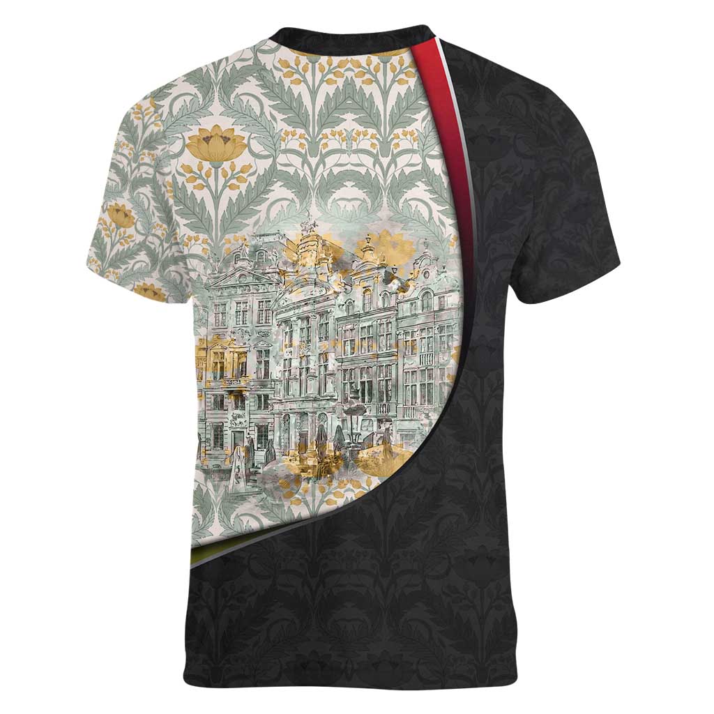 Belgium Women V-Neck T-Shirt with Grand Place Brussels Art Nouveau Floral Spirit