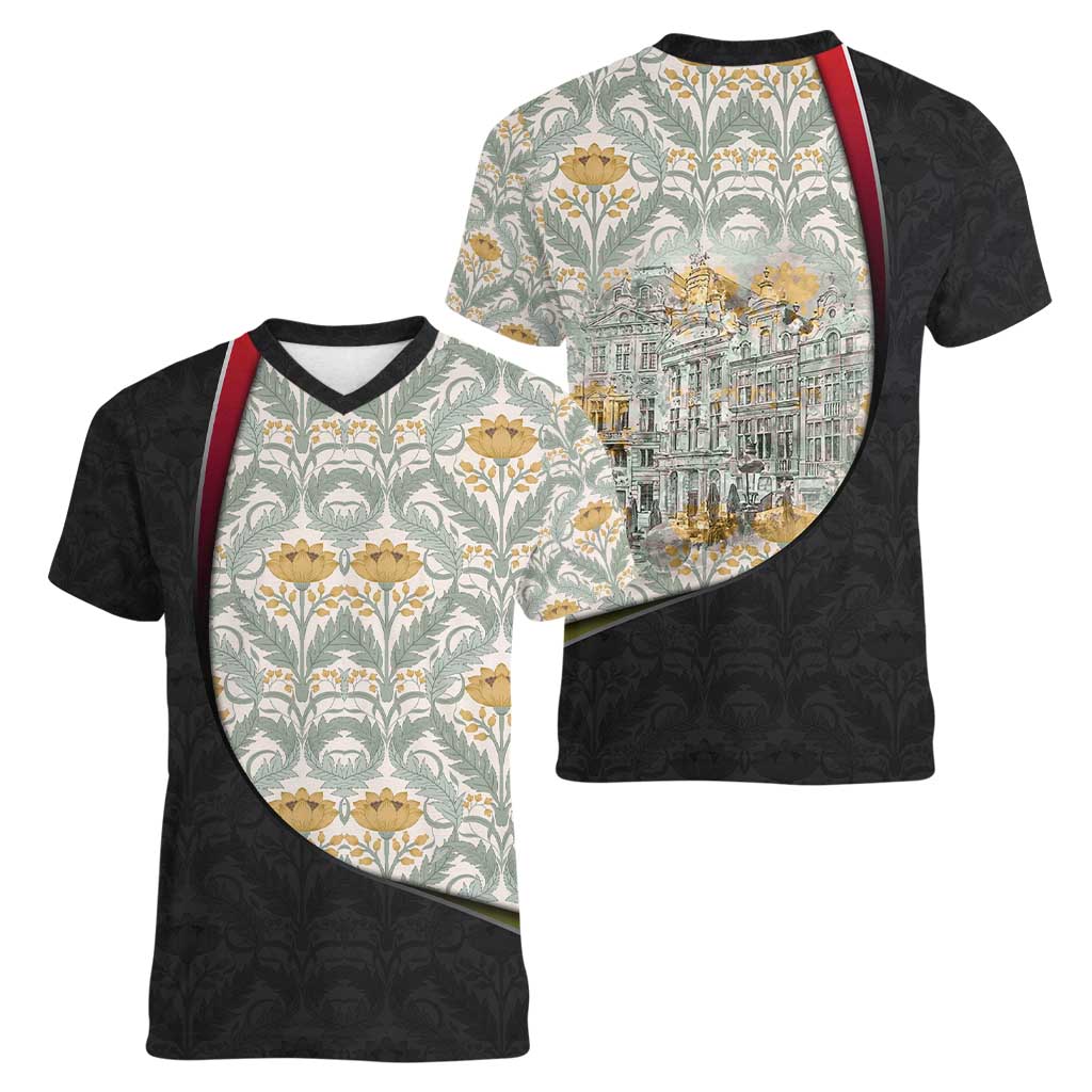 Belgium Women V-Neck T-Shirt with Grand Place Brussels Art Nouveau Floral Spirit