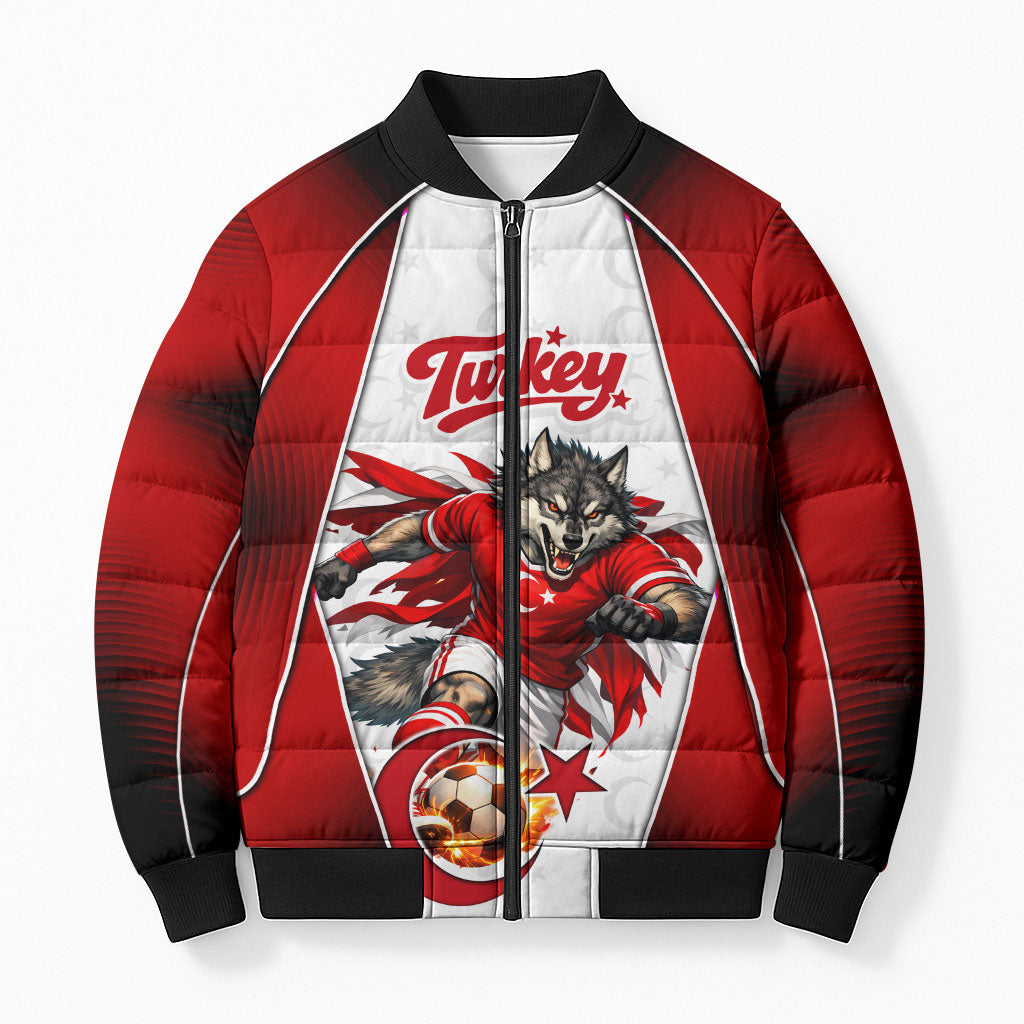 Personalized Turkey Football Grey Wolf Bomber Puffer Jacket Turkish Mascot Soccer Ball Burst