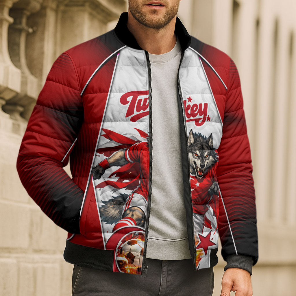 Personalized Turkey Football Grey Wolf Bomber Puffer Jacket Turkish Mascot Soccer Ball Burst