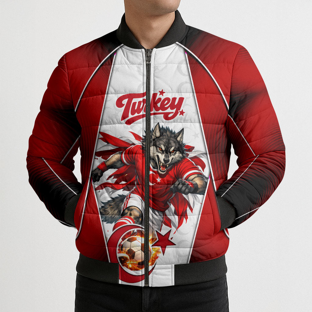 Personalized Turkey Football Grey Wolf Bomber Puffer Jacket Turkish Mascot Soccer Ball Burst