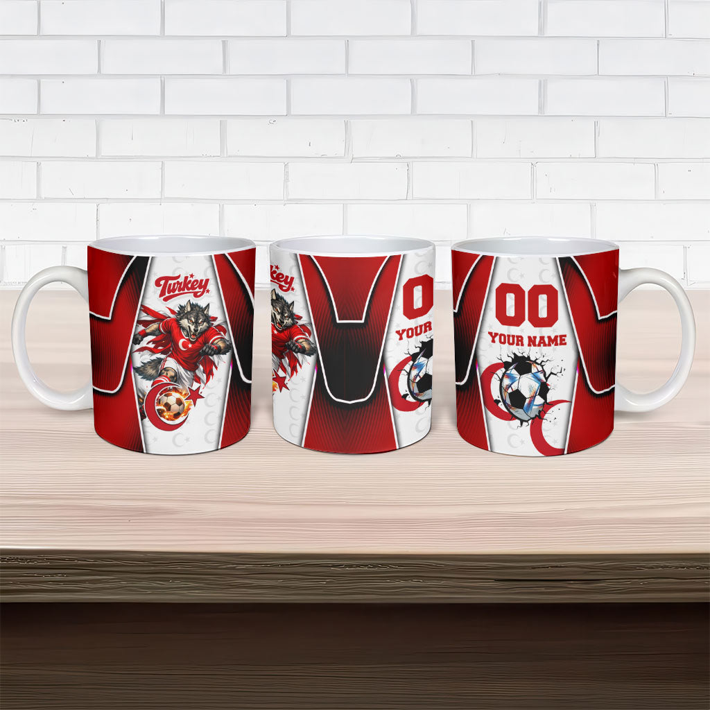 Personalized Turkey Football Grey Wolf Ceramic Mug Turkish Mascot Soccer Ball Burst