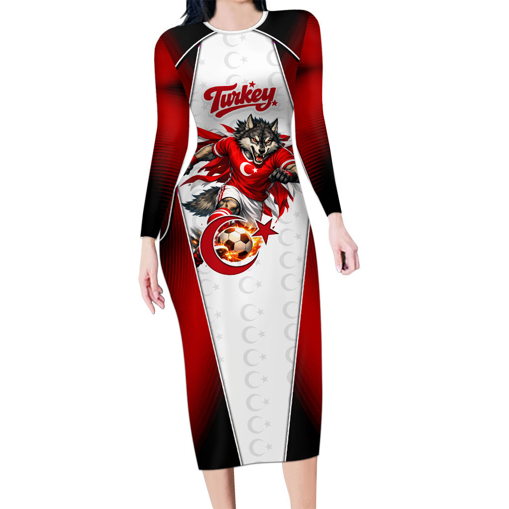 Personalized Turkey Football Grey Wolf Long Sleeve Bodycon Dress Turkish Mascot Soccer Ball Burst