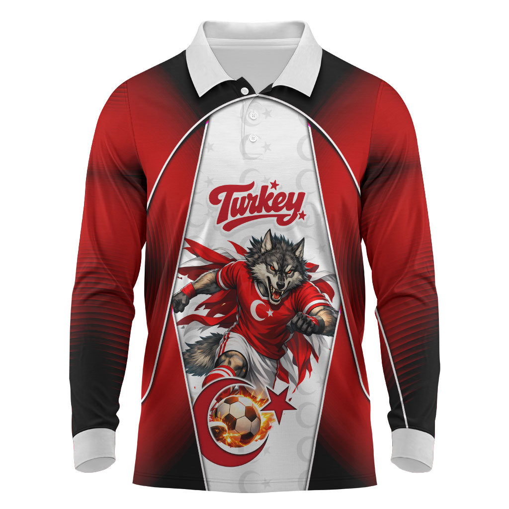 Personalized Turkey Football Grey Wolf Long Sleeve Polo Shirt Turkish Mascot Soccer Ball Burst
