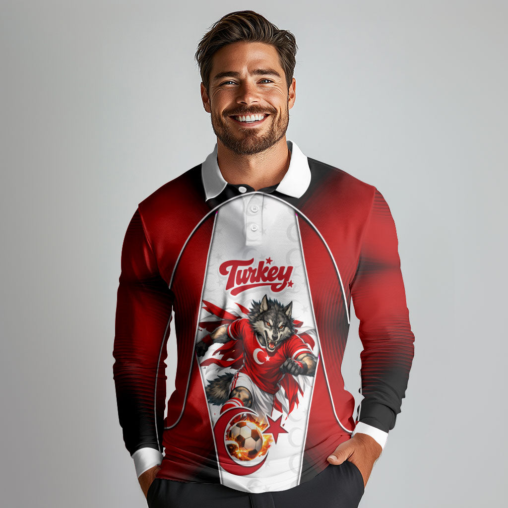 Personalized Turkey Football Grey Wolf Long Sleeve Polo Shirt Turkish Mascot Soccer Ball Burst