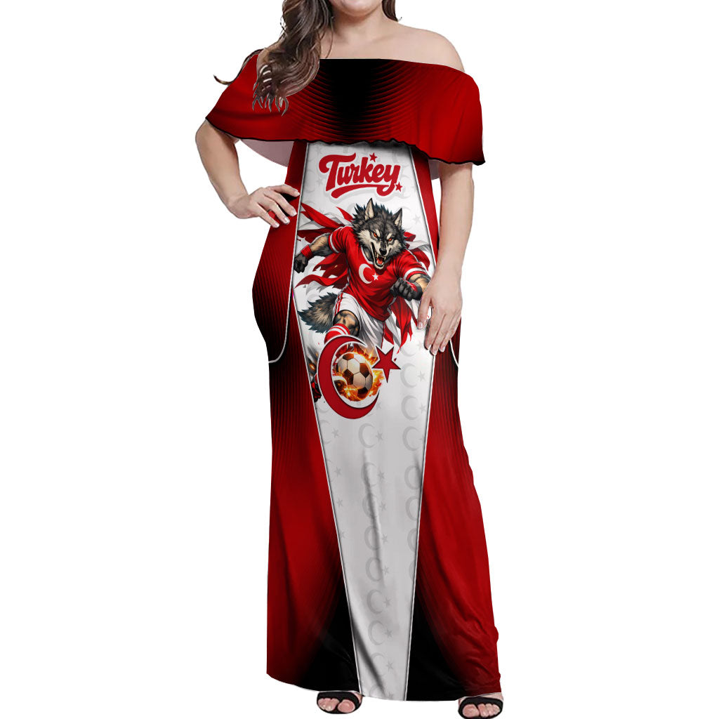 Personalized Turkey Football Grey Wolf Off Shoulder Maxi Dress Turkish Mascot Soccer Ball Burst