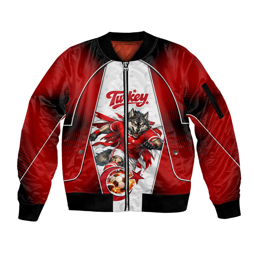 Personalized Turkey Football Grey Wolf Sleeve Zip Bomber Jacket Turkish Mascot Soccer Ball Burst