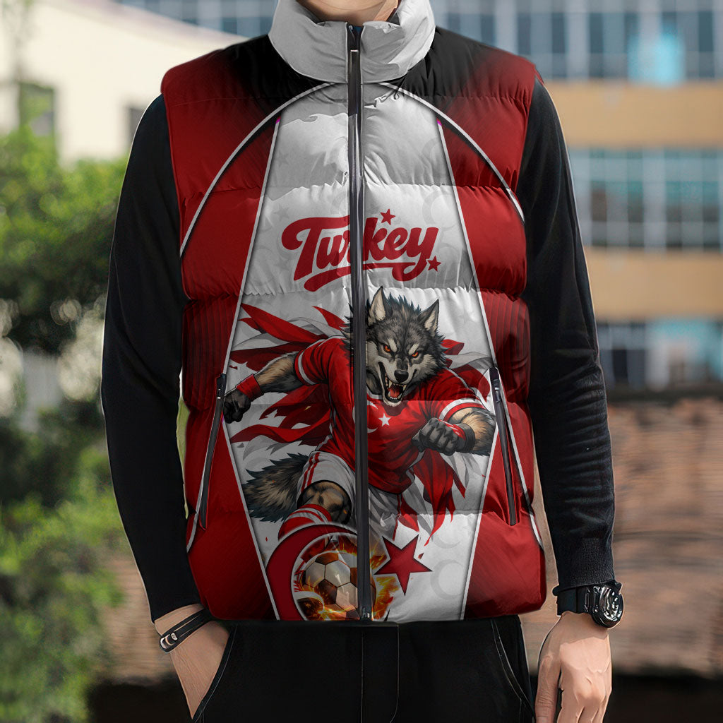 Personalized Turkey Football Grey Wolf Sleeveless Puffer Jacket Turkish Mascot Soccer Ball Burst