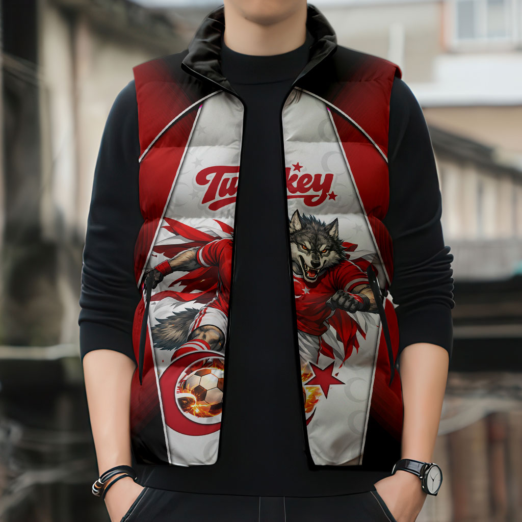 Personalized Turkey Football Grey Wolf Sleeveless Puffer Jacket Turkish Mascot Soccer Ball Burst