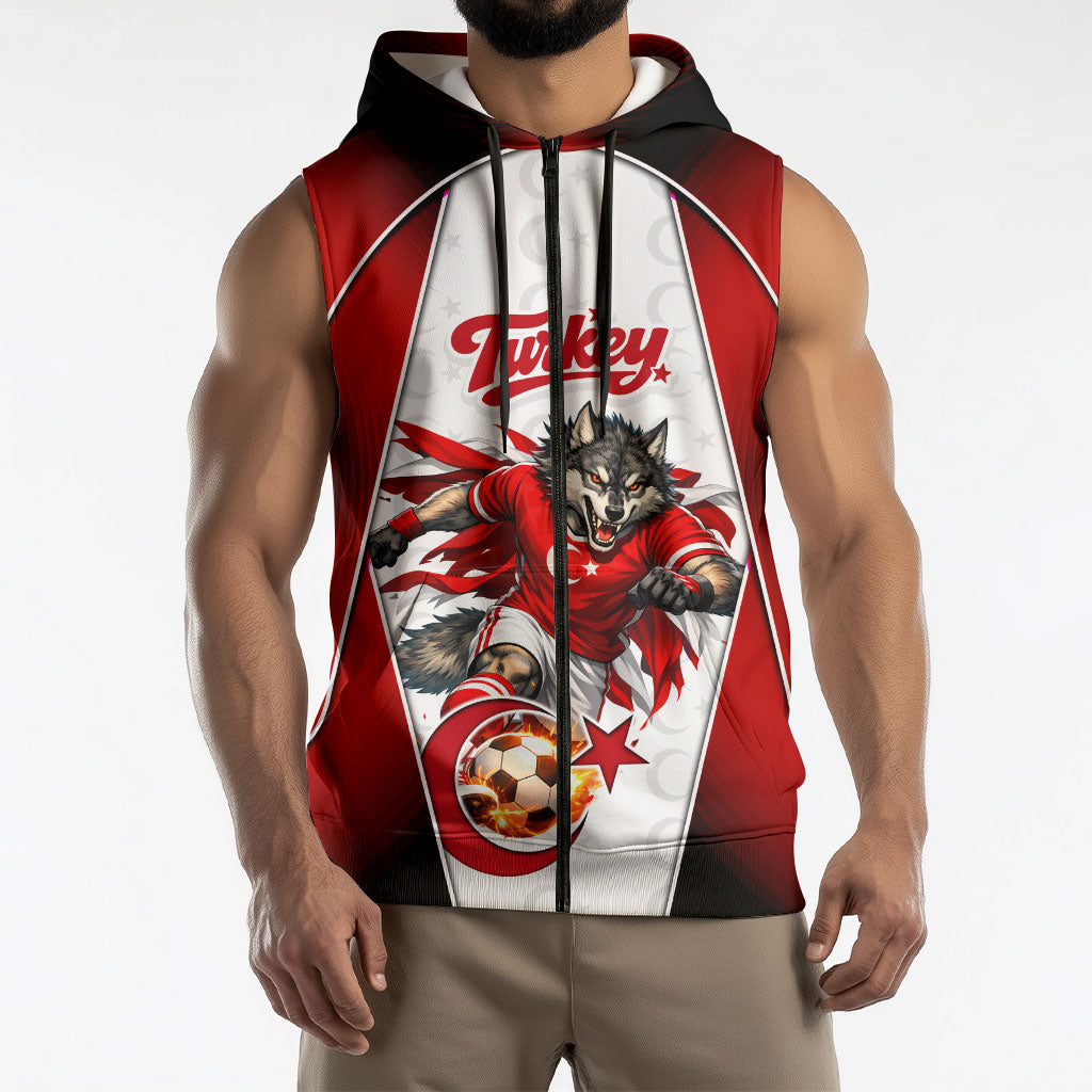 Personalized Turkey Football Grey Wolf Sleeveless Zip Hoodie Turkish Mascot Soccer Ball Burst