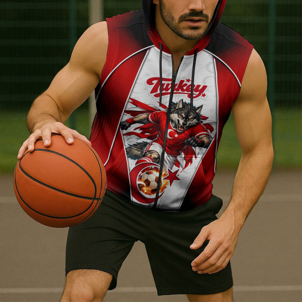 Personalized Turkey Football Grey Wolf Sleeveless Zip Hoodie Turkish Mascot Soccer Ball Burst