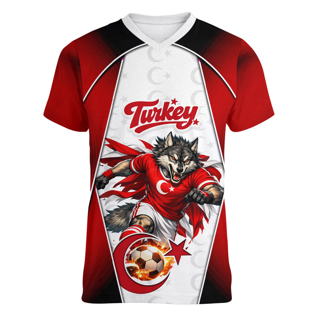 Personalized Turkey Football Grey Wolf Women V-Neck T-Shirt Turkish Mascot Soccer Ball Burst