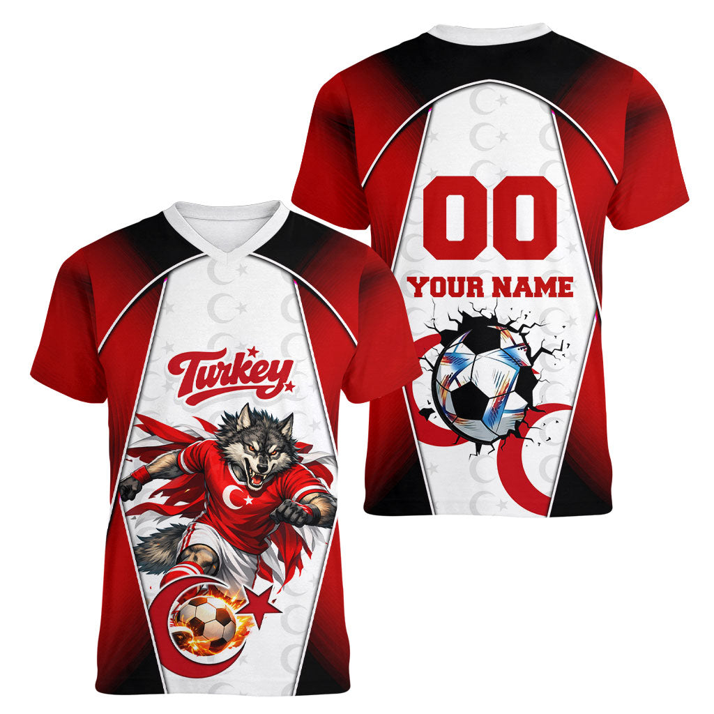 Personalized Turkey Football Grey Wolf Women V-Neck T-Shirt Turkish Mascot Soccer Ball Burst