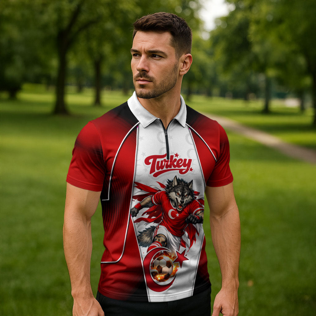 Personalized Turkey Football Grey Wolf Zipper Polo Shirt Turkish Mascot Soccer Ball Burst