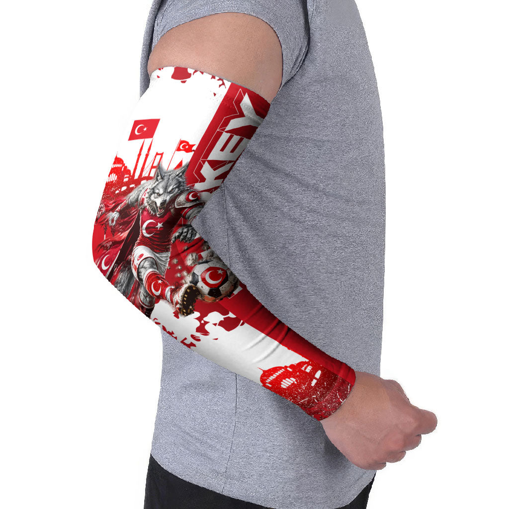 Personalized Turkey Football Arm Sleeves Turkish Flag Grey Wolf Skyline