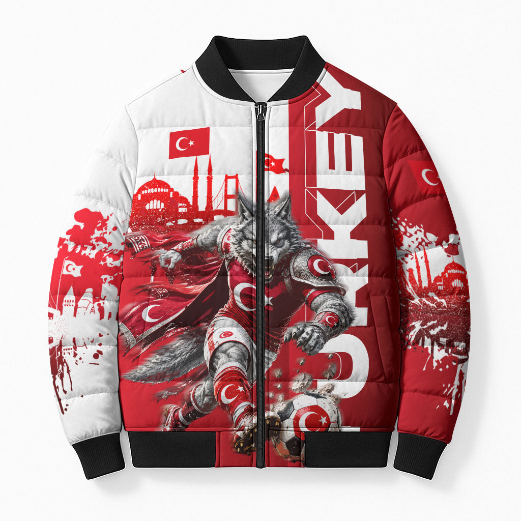Personalized Turkey Football Bomber Puffer Jacket Turkish Flag Grey Wolf Skyline