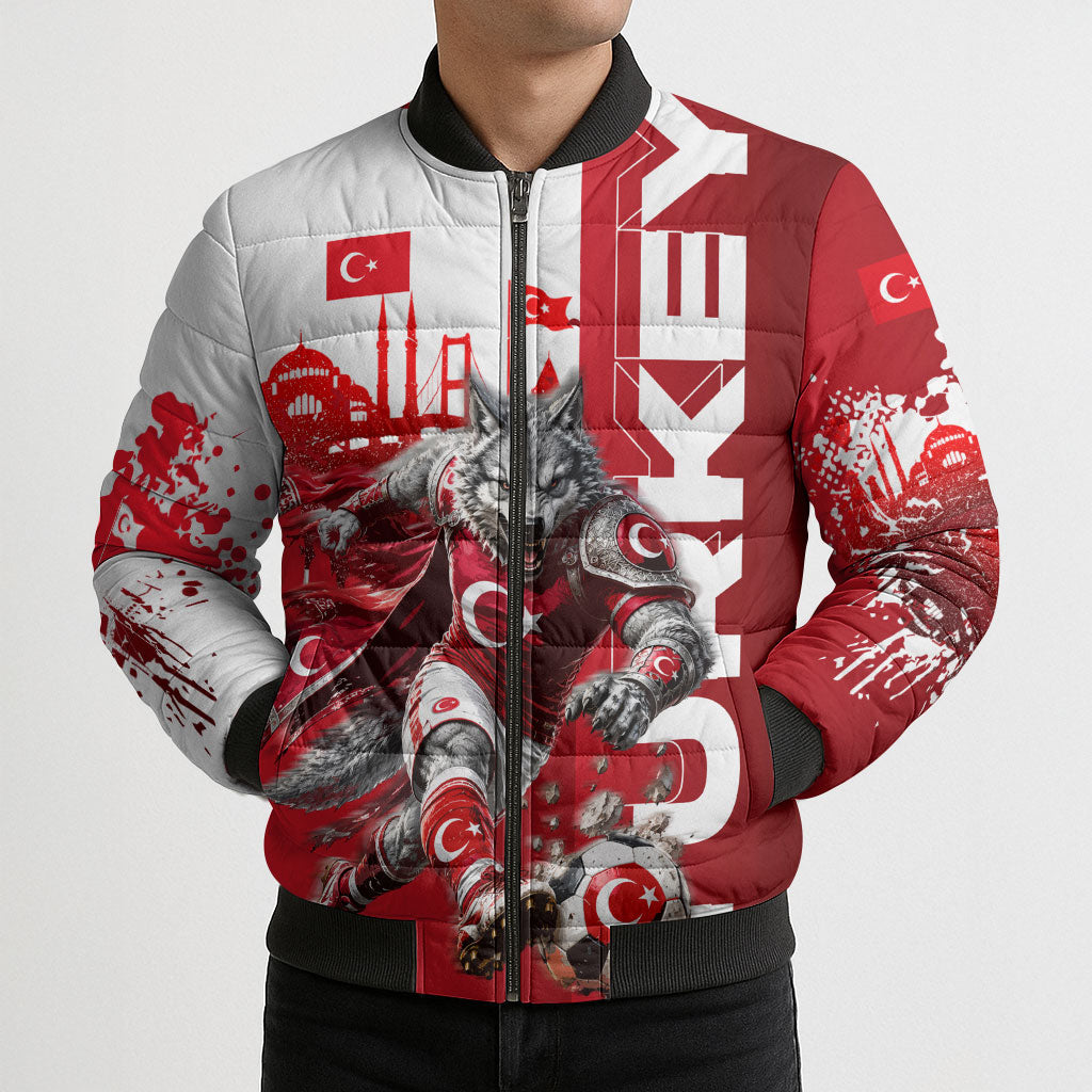Personalized Turkey Football Bomber Puffer Jacket Turkish Flag Grey Wolf Skyline