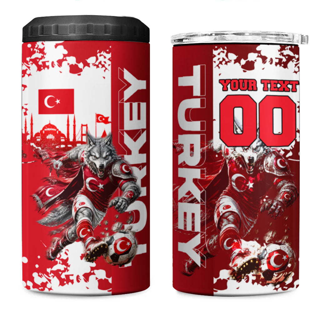Personalized Turkey Football 4 in 1 Can Cooler Tumbler Turkish Flag Grey Wolf Skyline