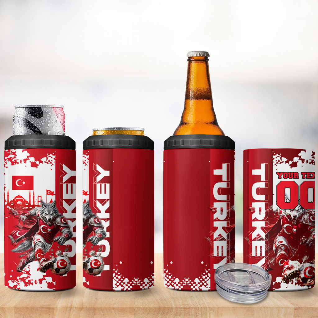 Personalized Turkey Football 4 in 1 Can Cooler Tumbler Turkish Flag Grey Wolf Skyline